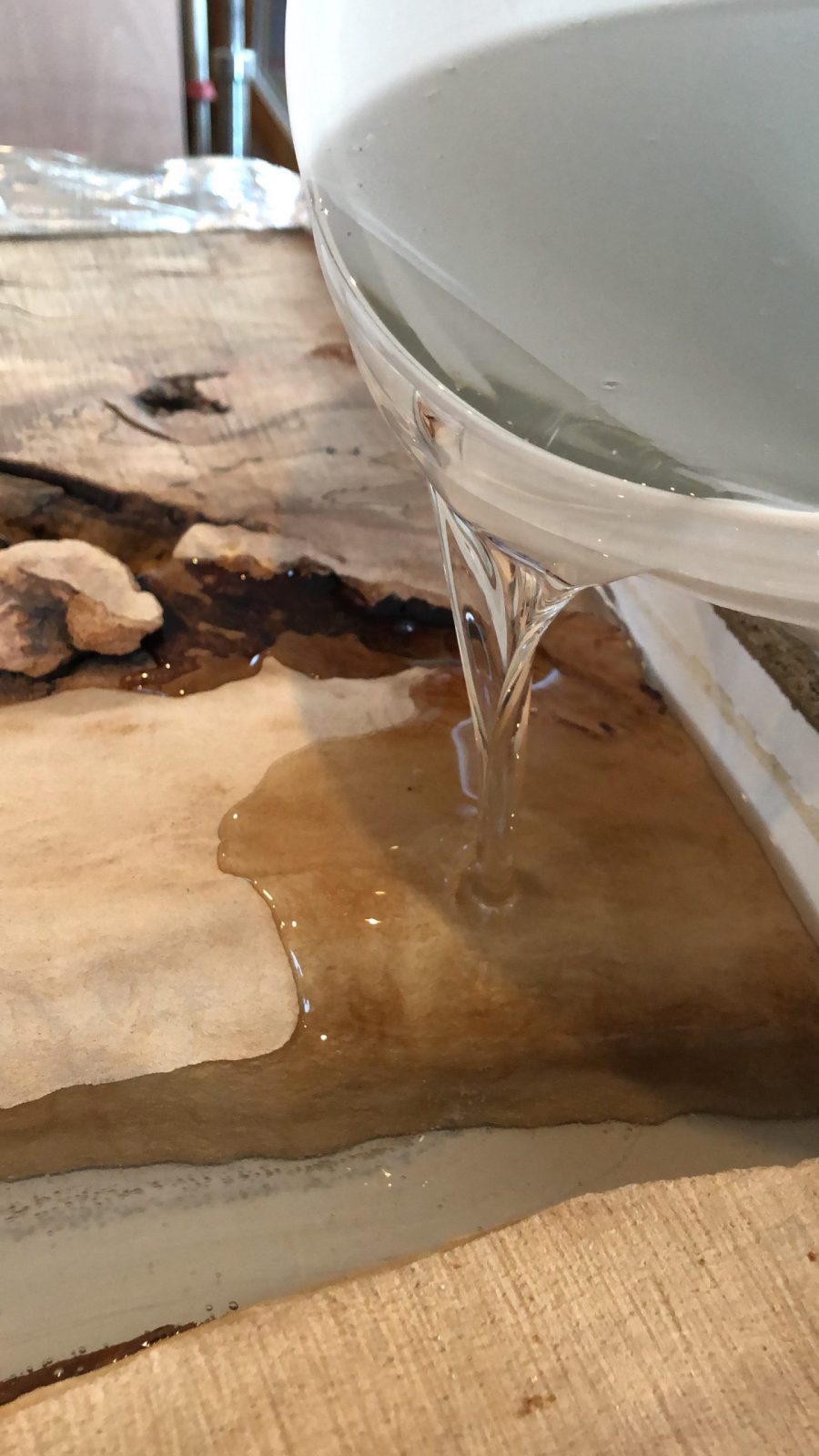 Entropy resin is poured on to natural wood