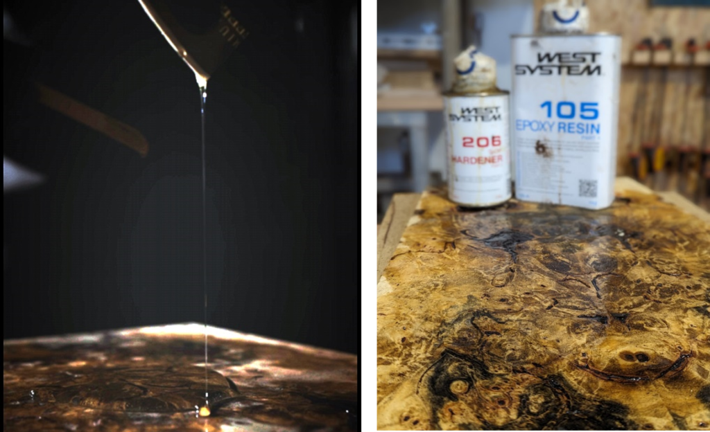 West system epoxy being dripped onto a wooden guitar