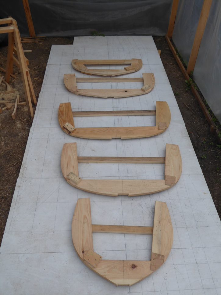 Completed station moulds for a boat