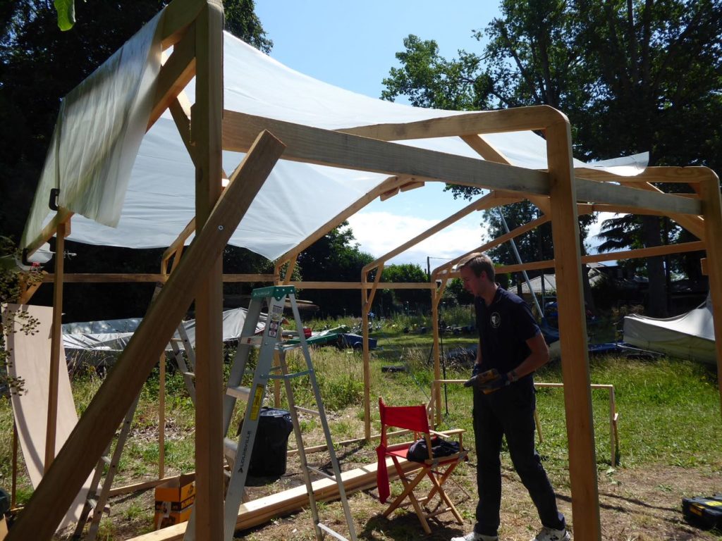 Tent frame to house the wooden dinghy boat building using west system epoxy