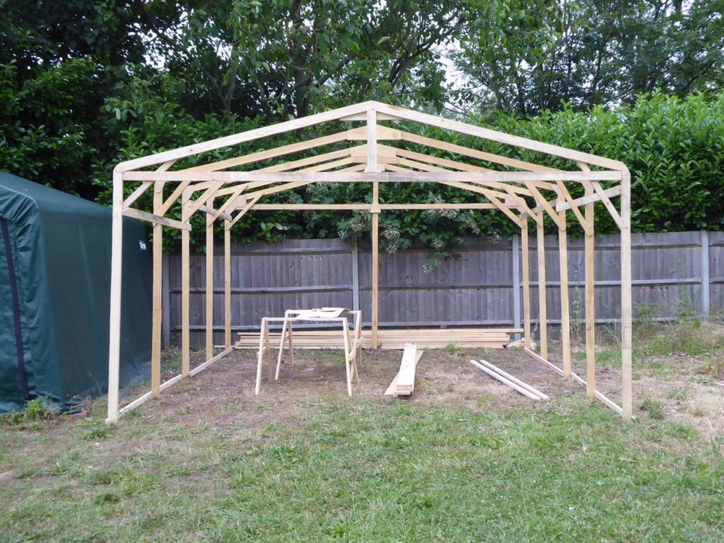 Handmade wooden tent frame for boat building