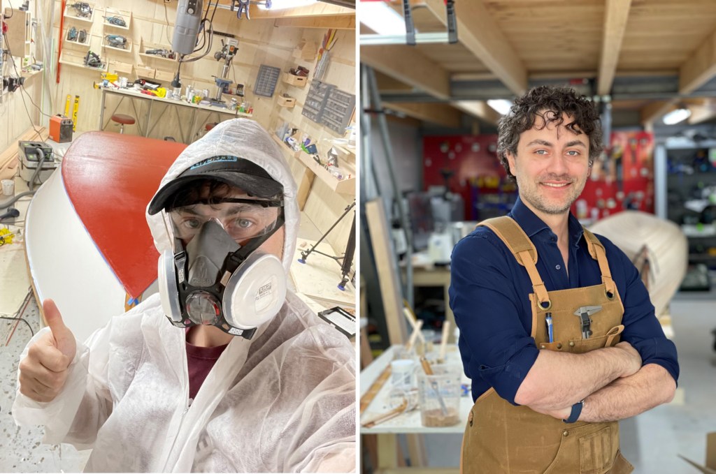 Sedar bas, a wood working enthusiast, posing in his protective overalls ready to build his boat with west system epoxy