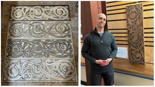 Chris stood next to his woodwork wall hanging made using entropy resins epoxy