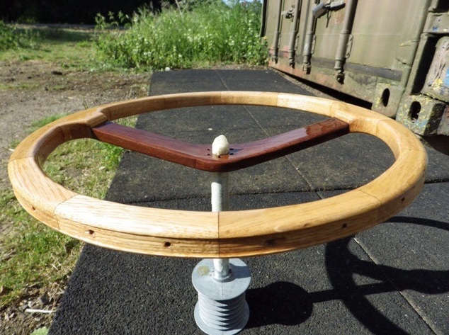 Assembled wooden steering wheel.