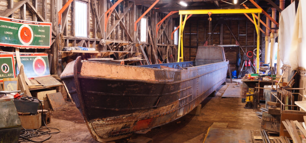 Narrow boat restoration in the boat yard, being worked on.