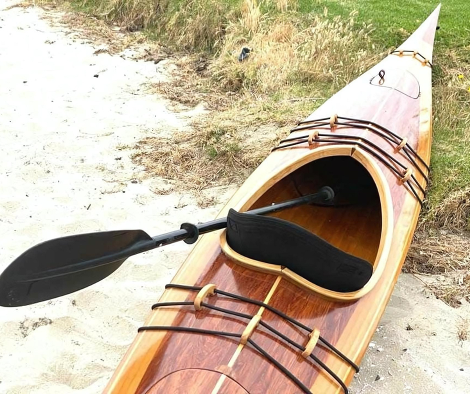 Close up of Kayak built using entropy resin epoxy and wood.