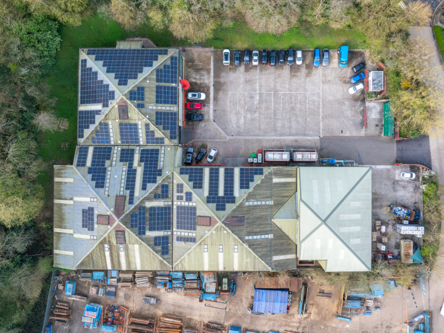 Aerial drone photo showing the Wessex resins factory with solar panels on the roof