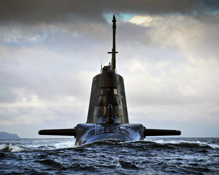 Pictured is HMS AMBUSH returning to HMNB Clyde on the Clyde estuary under moody summer skys Scotland.