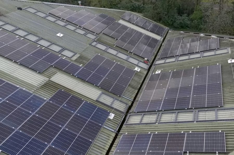 Drone photo of the Wessex factory showing solar panels on the roof