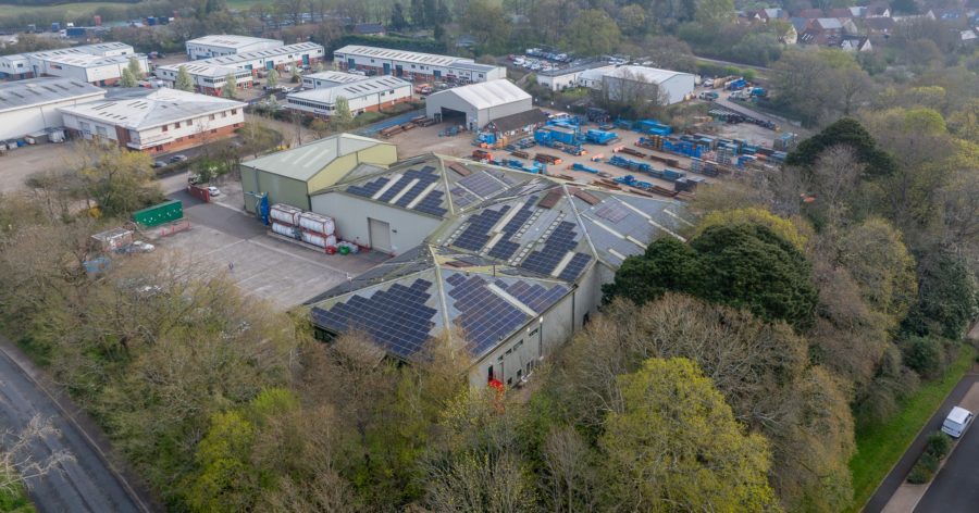 Aerial drone photo showing the Wessex resins factory with solar panels on the roof