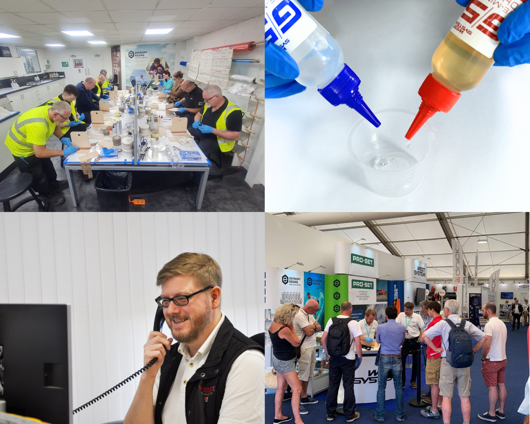 wessex resins and adhesives collage of the workshop, west system g5 epoxy, technical advisor on the phone and an event. 